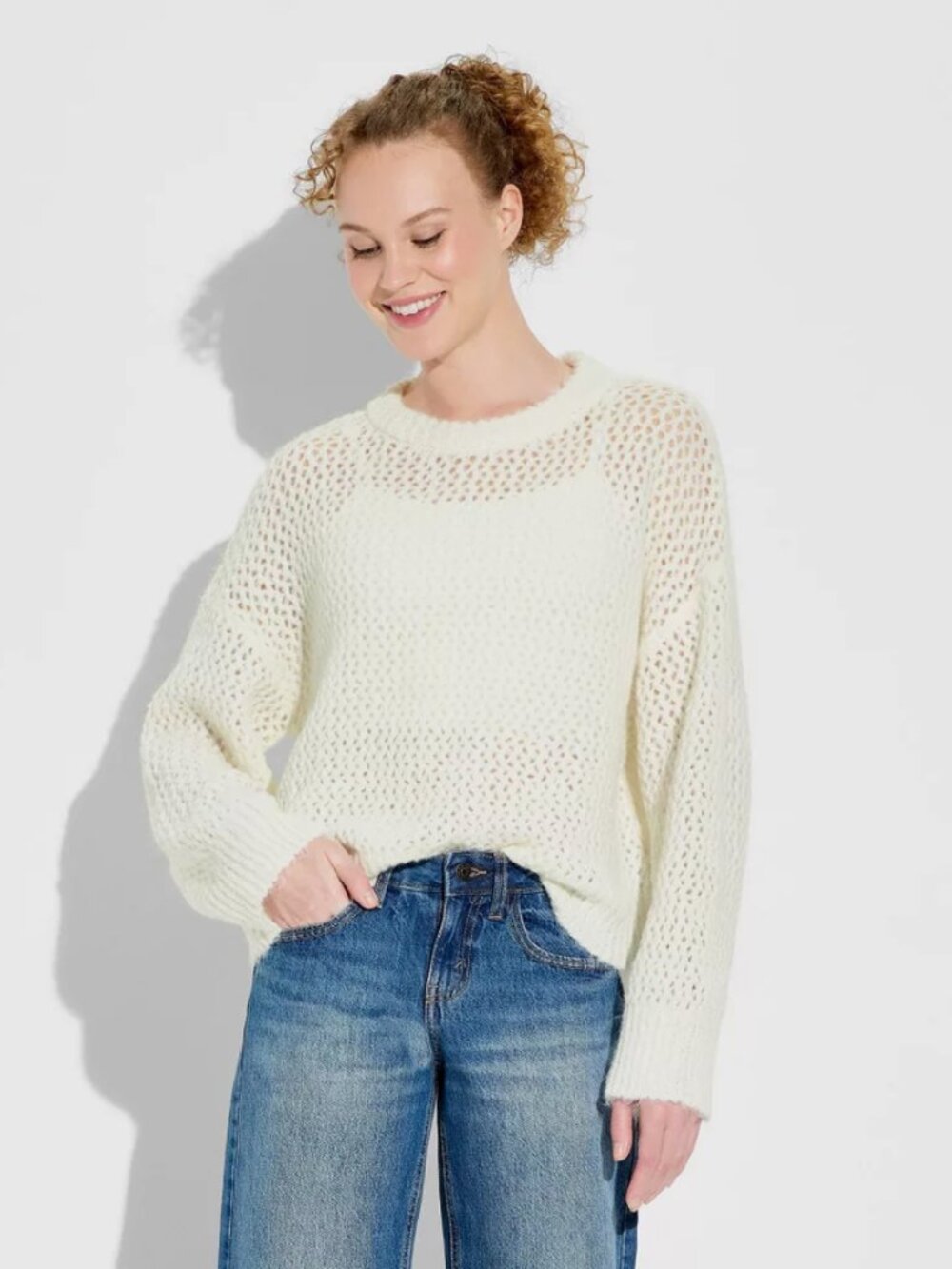 Women Openwork Crewneck Pullover Sweater - Wild Fable Off-White M